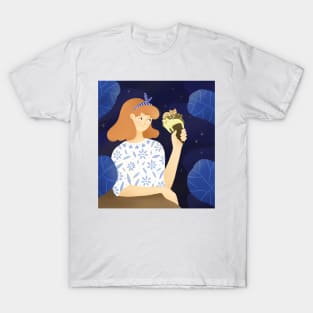 Cute girl with ice cream plants and cats, version 3 T-Shirt